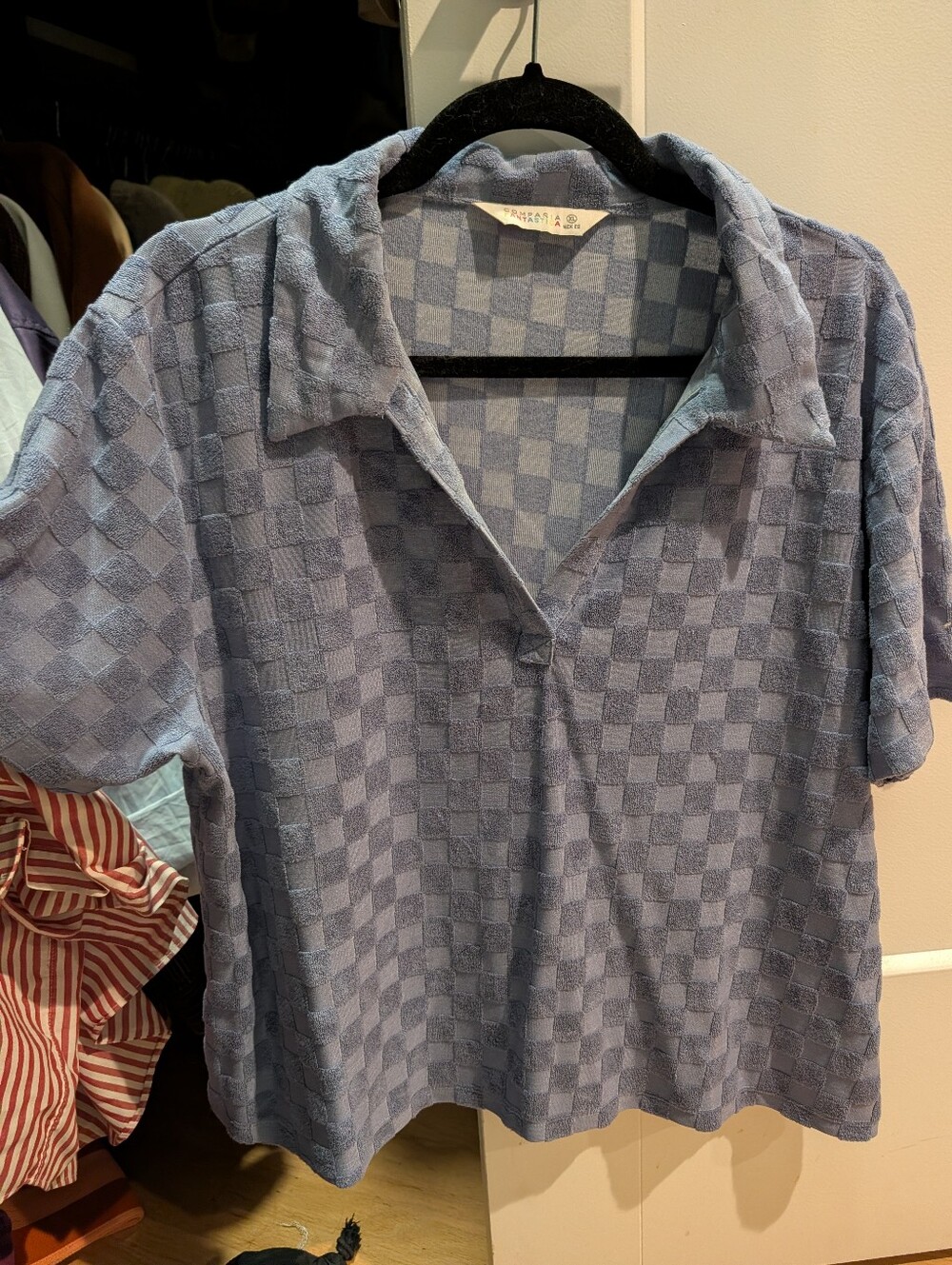 Compania Fantastica Top Textured Checker Knit Polo Top in Dusty Blue